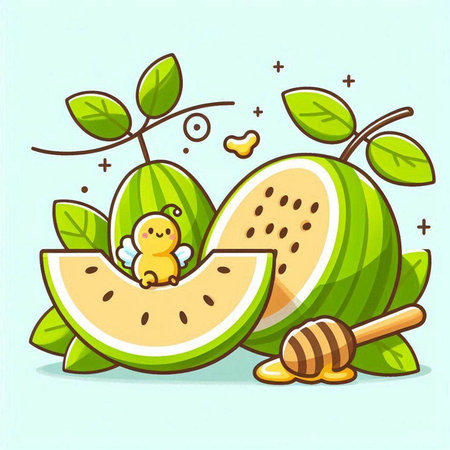 Funny cartoon watermelon character with honey and leaves. Vector illustration.のイラスト素材
