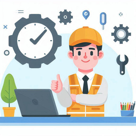 Engineer man working on laptop computer in office. Flat design vector illustration.のイラスト素材