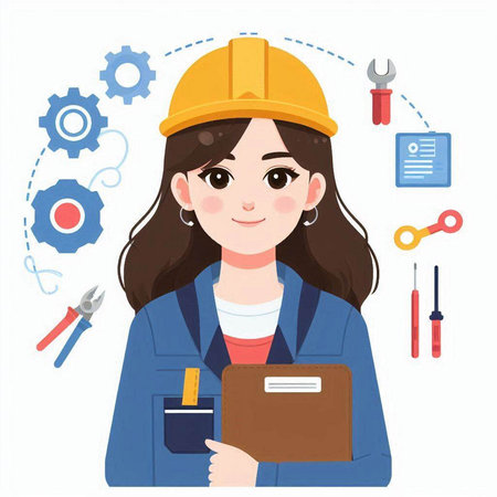 Female worker with tools. Vector illustration in a flat style on a white background.のイラスト素材