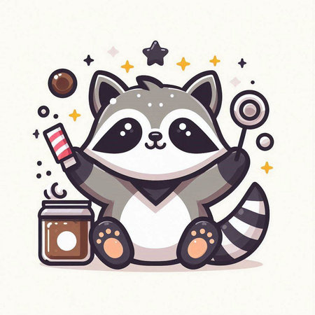 Cute raccoon with a cup of coffee. Vector illustration.のイラスト素材