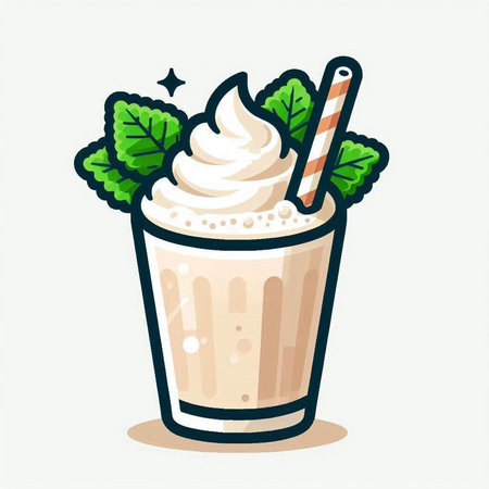 Milkshake with whipped cream and fresh mint leaves. Vector illustration.のイラスト素材