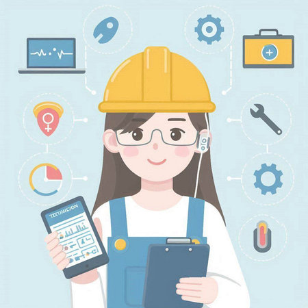 Female construction worker in helmet and overalls with mobile phone. Vector illustration.のイラスト素材