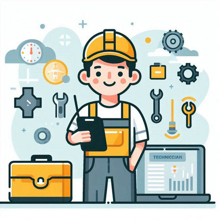 Engineer with tools and laptop. Vector illustration in flat style.のイラスト素材
