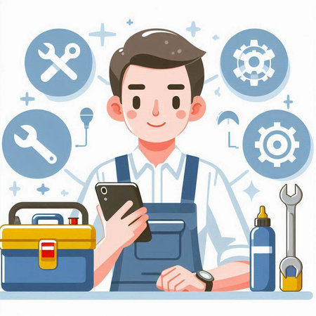 Mechanic with mobile phone and tools. Flat style vector illustration.のイラスト素材