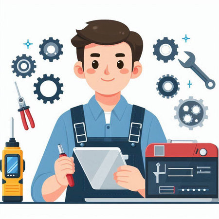 Worker with tools. Vector illustration in flat cartoon style. Man in work clothes.のイラスト素材