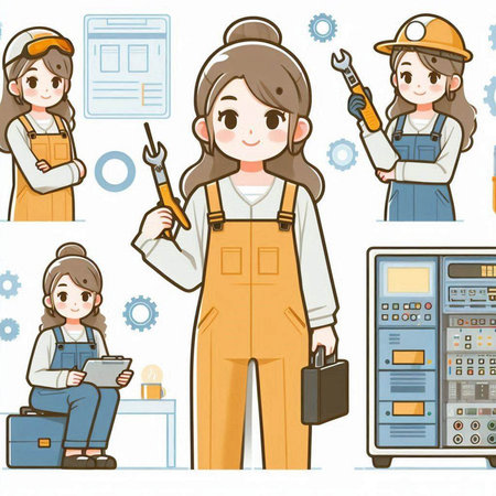 Illustration of a woman in work clothes with a set of toolsのイラスト素材
