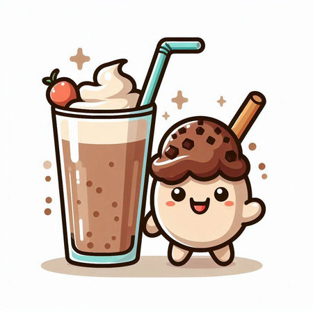 Cute ice cream cartoon character with chocolate milkshake and whipped creamのイラスト素材