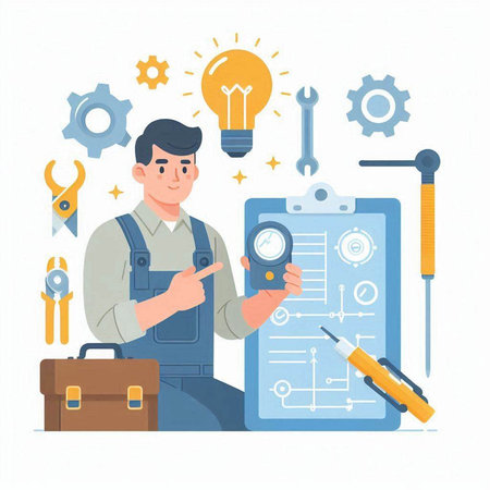 Engineer with checklist and tools. Vector illustration in flat style.のイラスト素材