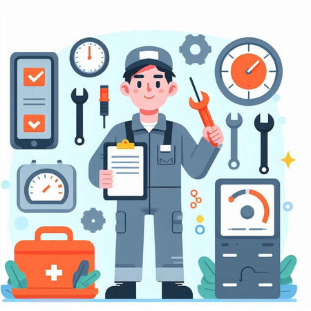 Auto mechanic with tools. Mechanic in overalls. Mechanic with tools. Vector illustrationのイラスト素材