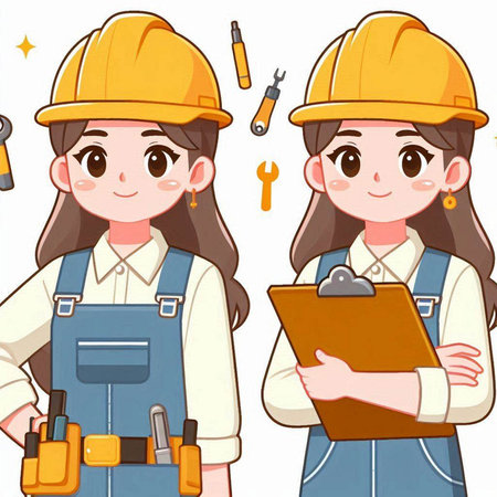 Cartoon Illustration of Cute Female Construction Worker or Engineer Characterのイラスト素材