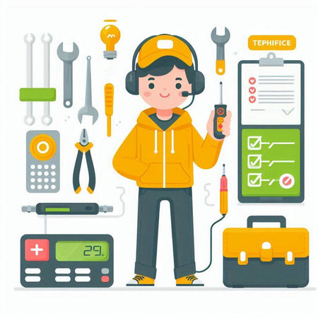 Repairman with set of tools. Vector illustration in flat styleのイラスト素材
