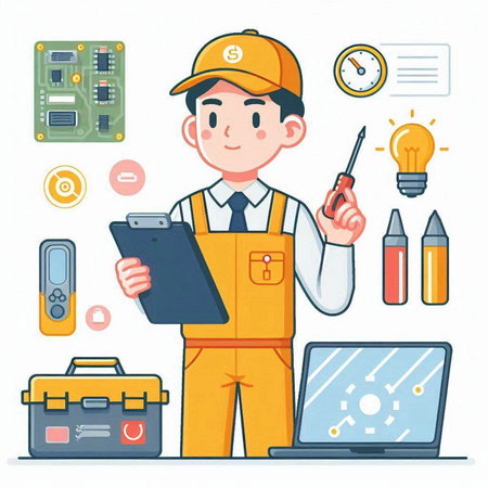 Engineer in uniform and cap with tools. Engineer, technician, engineer. Vector illustrationのイラスト素材