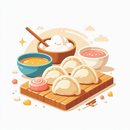 Vector illustration of Chinese dumplings with sauce and chopsticks.のイラスト素材