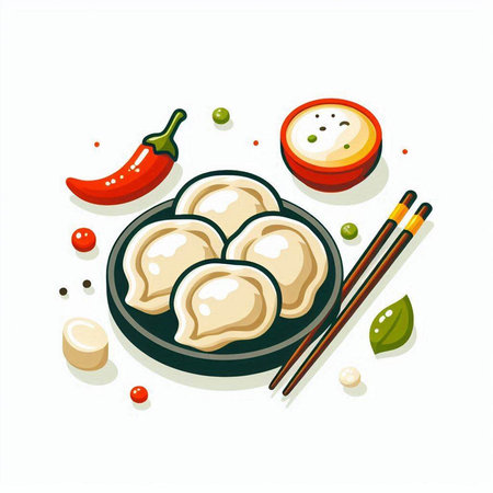 Boiled dumplings on a plate with chopsticks. Vector illustration.のイラスト素材