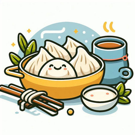 Illustration of a Steamed Dumpling with a Cup of Teaのイラスト素材