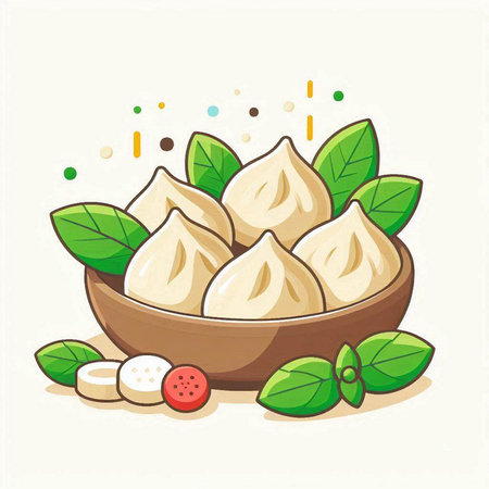 Illustration of steamed dumplings in wooden bowl with mint leavesのイラスト素材