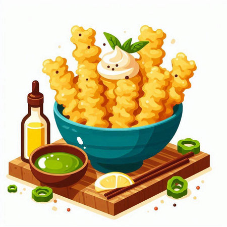 Crispy deep fried onion rings in bowl with mayonnaise and herbs on wooden board isolated on white background vector illustrationのイラスト素材