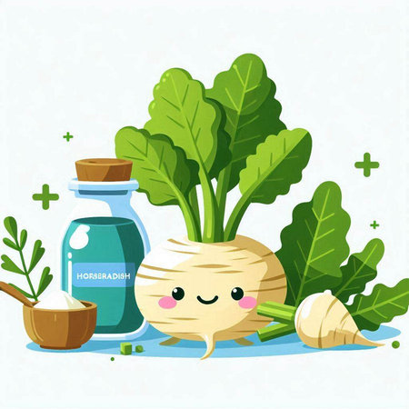Kawaii turnip with vitamins and herbs. Vector illustration.のイラスト素材