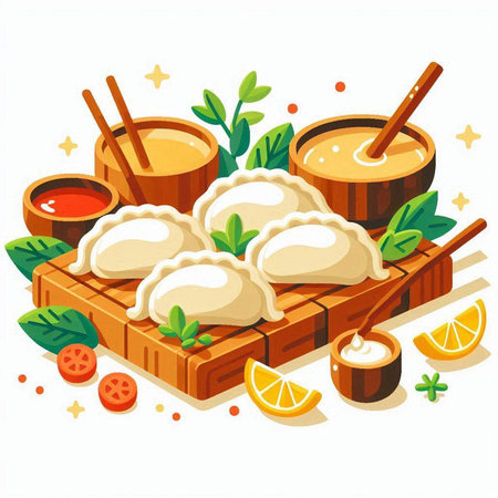 Vector illustration of dumplings in a wooden tray with sauce.のイラスト素材