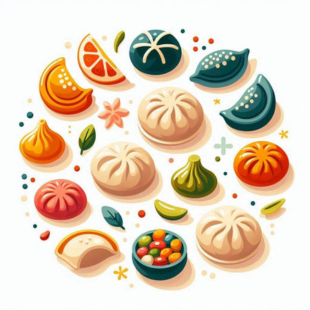 Vector illustration of Chinese dumplings in circle shape. Vector illustration of dim sum.のイラスト素材