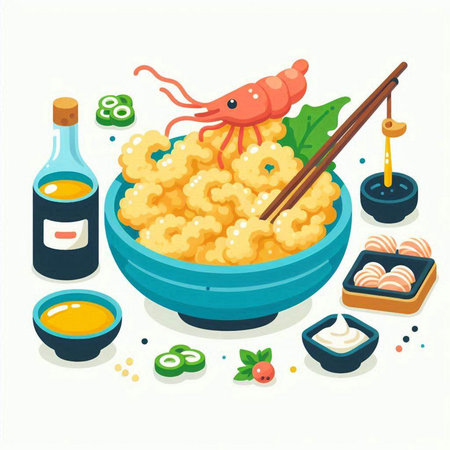 Illustration of a bowl of rice with shrimp, wasabi and soy sauceのイラスト素材