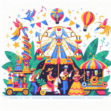 Amusement park vector illustration. Flat style design with people, carnival elements.のイラスト素材