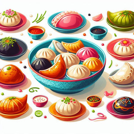 Illustration of Chinese dumplings with various fillings on a white backgroundのイラスト素材