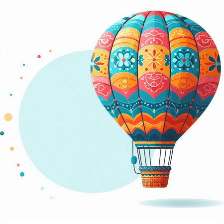 Colorful hot air balloon with colorful pattern on blue background. Vector illustration.のイラスト素材