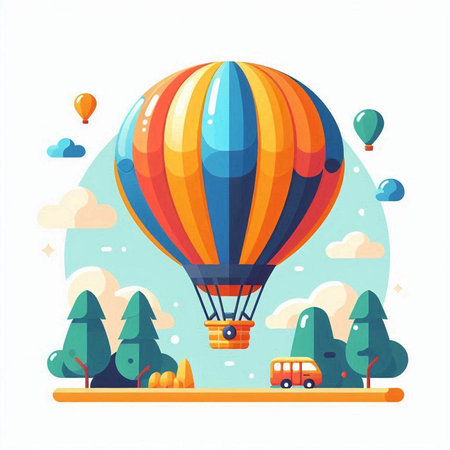 Hot air balloon in the sky. Vector illustration in flat style.のイラスト素材