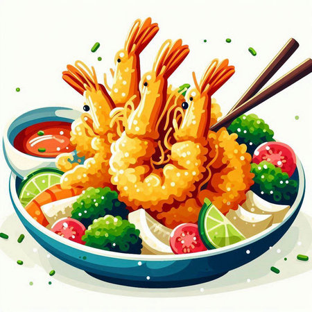 Illustration of shrimps served in a bowl with chopsticksのイラスト素材