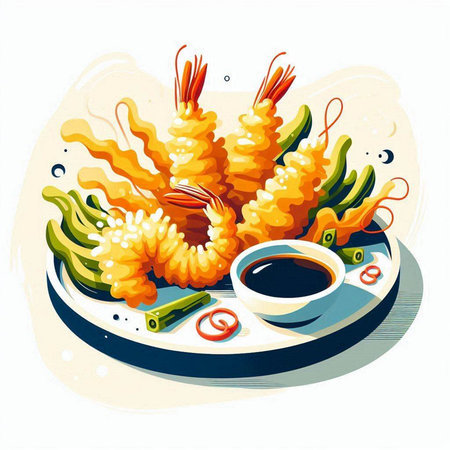 Illustration of fried shrimps with soy sauce and chopsticksのイラスト素材