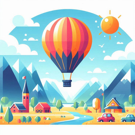 Vector illustration of colorful hot air balloon flying over rural landscape. Flat style design.のイラスト素材