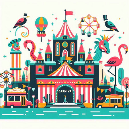 Amusement park. Vector illustration in flat style. Colorful background with attractions.のイラスト素材