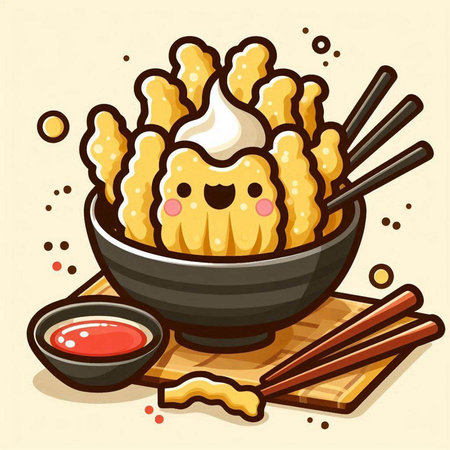 Illustration of a bowl of kawaii fried dumplingsのイラスト素材