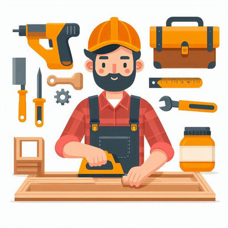 Carpenter in work clothes with tools. Vector illustration in cartoon styleのイラスト素材