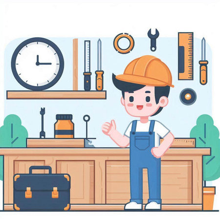 Illustration of a man working in the workshop. Vector illustration.のイラスト素材