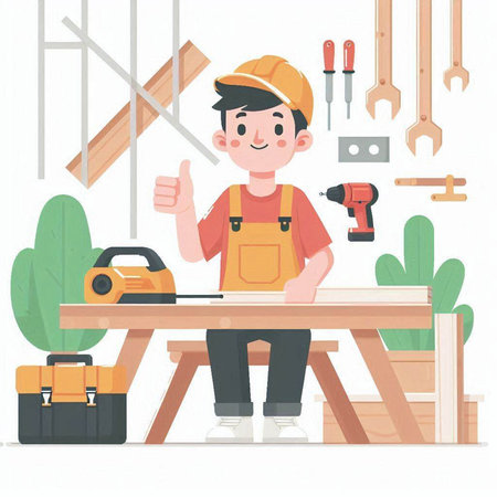 Carpenter working with tools. Cute cartoon vector illustration.のイラスト素材