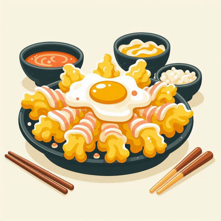 Illustration of a plate of Tempura Udon with fried eggのイラスト素材