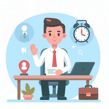 Businessman working at the office. Vector illustration in a flat styleのイラスト素材