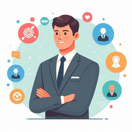 Businessman standing with crossed arms and social media icons around him. Vector illustration.のイラスト素材
