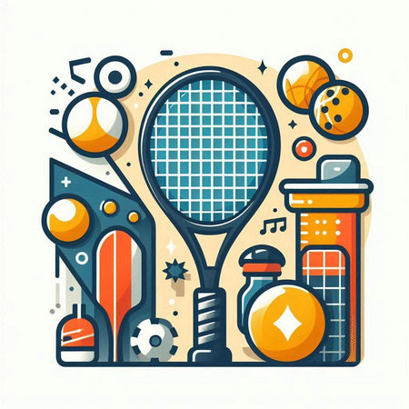 Tennis sport equipment vector illustration. Tennis racket, ball, tennis racket, ball, water bottle, rackets and other equipment.のイラスト素材