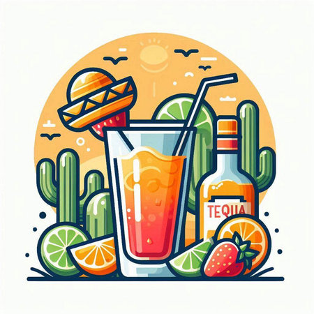 Cinco de mayo vector illustration. Tequila sunrise cocktail in glass with tequila, cactus, sombrerocas, lime and lemon.のイラスト素材