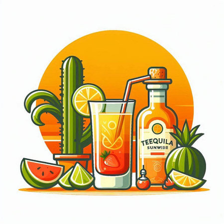 Tequila sunrise cocktail with cactus, lemon and lime. Vector illustrationのイラスト素材