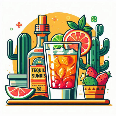 Mexican tequila sunrise cocktail with tequila, cactus, grapefruit, lime and ice cubes. Flat style vector illustration.のイラスト素材
