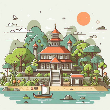 Buddhist temple on the shore of the river. Vector illustration.のイラスト素材