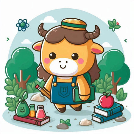 Cute cow with a book in the garden. Vector illustration.のイラスト素材
