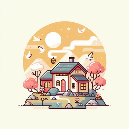 Vector illustration of a country house in the autumn season with birds.のイラスト素材