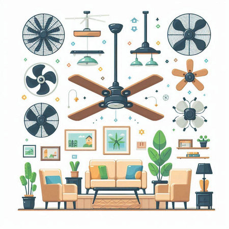 Ceiling fan in the living room with furniture. Vector illustrationのイラスト素材