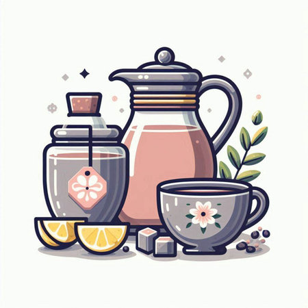 Cup of tea and teapot. Vector illustration in flat styleのイラスト素材