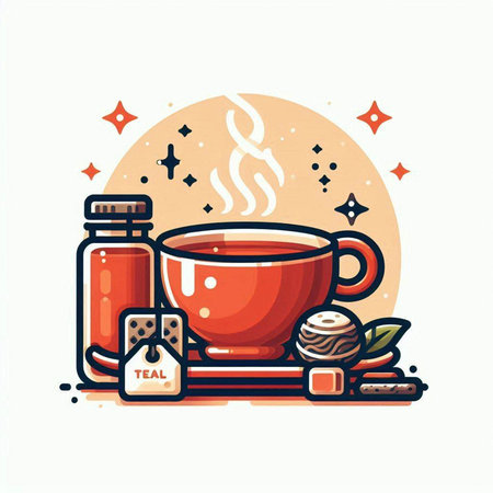 Cup of tea with tea bag and teapot. Vector illustration.のイラスト素材